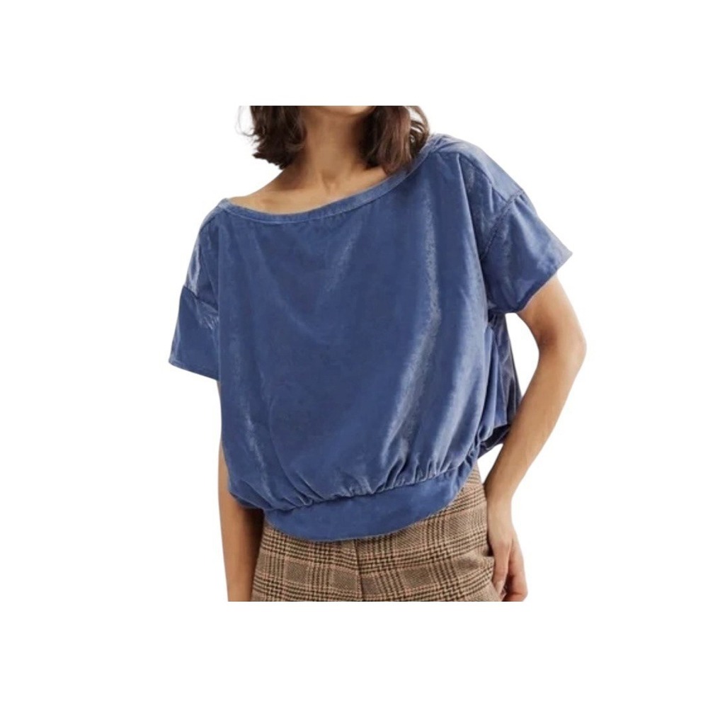 Free People We The Free Top Women's XS Velvet Blue Cropped Oversized Holidays